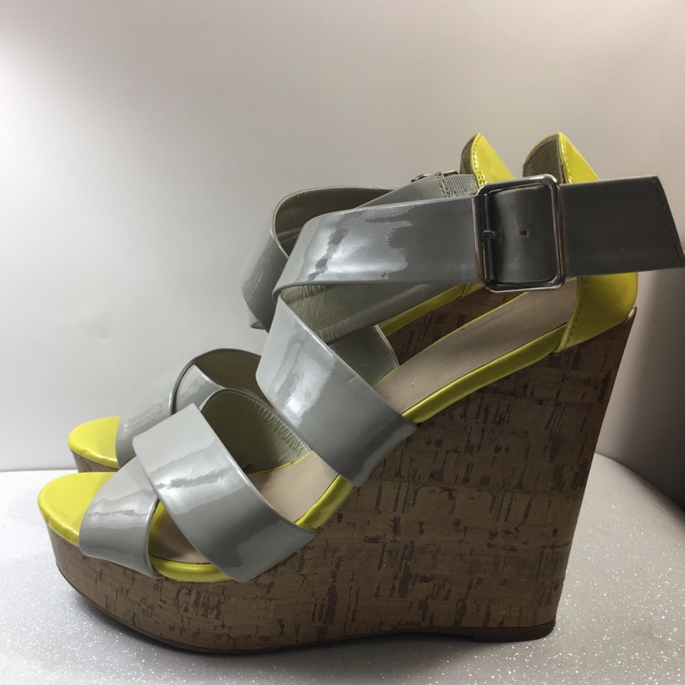 Madden Girl Yellow and Grey Cork Wedge Sandals